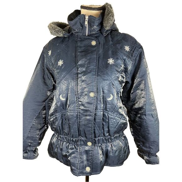 Vintage Celestial Puffer Jacket | Navy Blue Faux Fur Hood – Y2K Moon & Sun - Picture 7 of 12